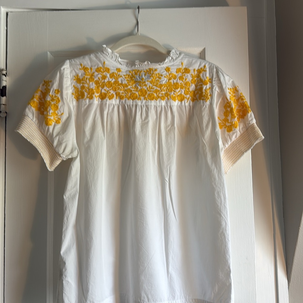 J. Crew White Short Sleeve Peasant Top with Yellow Floral Embroidery - Picture 4 of 4